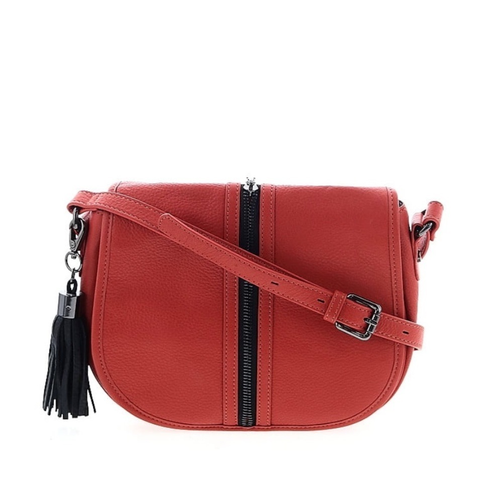 rian Red Leather Black Accents Crossbody Bag with Saddle Shape